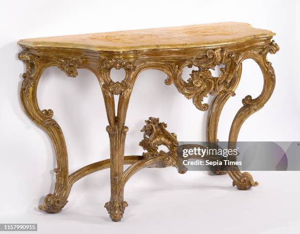Side Table. Unknown. Italy. Sicily. Europe. Mid-18th century. Silver gilt limewood with a Giallo Verona Marble top. Object: H: 104 x W: 183 x D: 78...