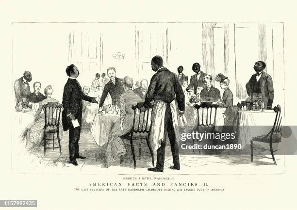 waiters serving guests in the restaurant of a washington hotel, 1886 - washington dc restaurant stock illustrations