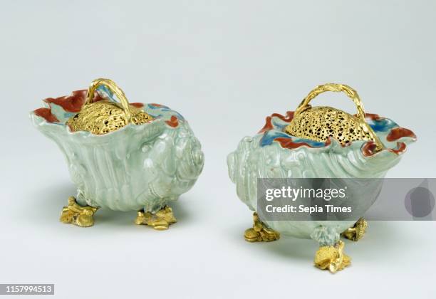 Pair of Pot-pourri Bowls. Unknown. Porcelain about 1660 mounts about 1750. Hard-paste porcelain. Celadon ground color. And polychrome enamel...