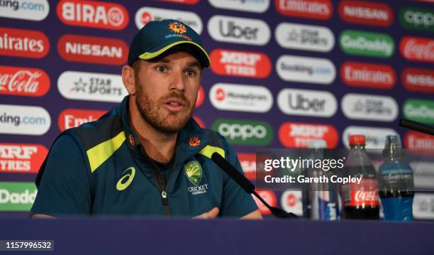 Australian captain Aaron Finch speaks during a press conference at Lords on June 24, 2019 in London, England.