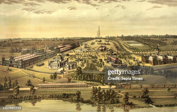 Bird's eye view. Centennial buildings. Fairmont Park. Philadelphia. 1876 by H.J. Toudy & Co. Circa 1875 & 1876. US. USA. America.