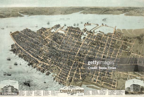 Bird's eye view of the city of Charleston South Carolina by C. Drie. Circa 1872. US. USA. America.