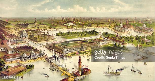 Grand birds eye view of the grounds and buildings of the great Columbian exposition at Chicago. Illinois. 1892 1893. In commemoration of the four...
