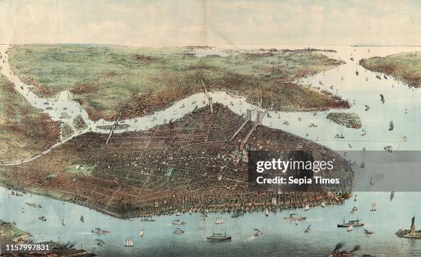 Bird's eye view of greater New York with Battery Park on the right and showing the boroughs of Bronx. Queens. Manhattan. Brooklyn. And Richmond. With...