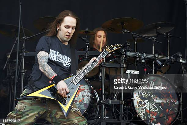 Alexi Laiho of Children of Bodom performs on stage during the first day of Download Festival at Donnington Park on June 10, 2011 in Donnington,...