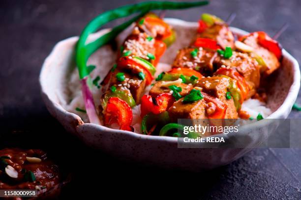 Tofu and Sweet Pepper Skewers. Style rustic. Selective focus.