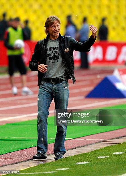 Head coach Valery Karpin of FC Spartak Moscow gestures during the Russian Football League Championship match between FC Spartak Moscow and FC Rubin...