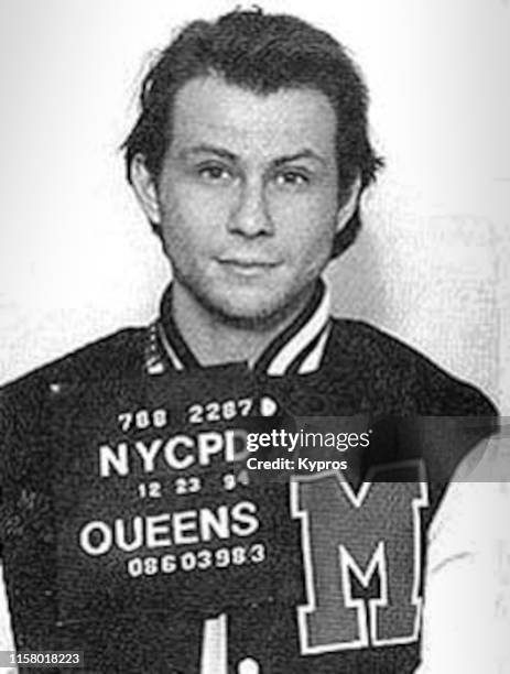 In this handout, American actor, voice actor, and producer Christian Slater in a mug shot after being arrested at New York's John F Kennedy...