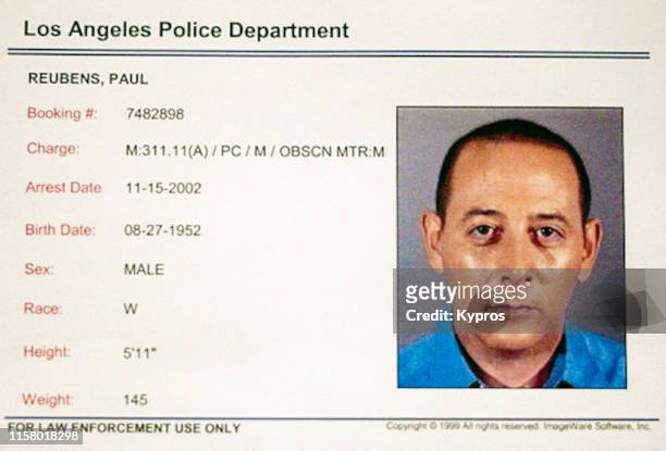 In this handout, American actor, writer, film producer, game show host, and comedian Paul Reubens in a mug shot following his arrest in Los Angeles,...