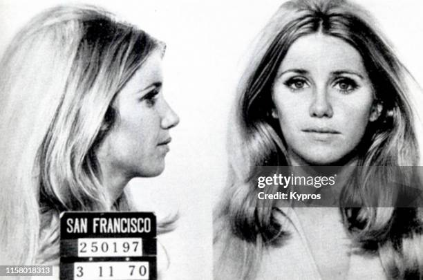 In this handout, American actress, author, singer, and businesswoman Suzanne Somers in a mug shot, San Francisco, California, US, 11th March 1970.