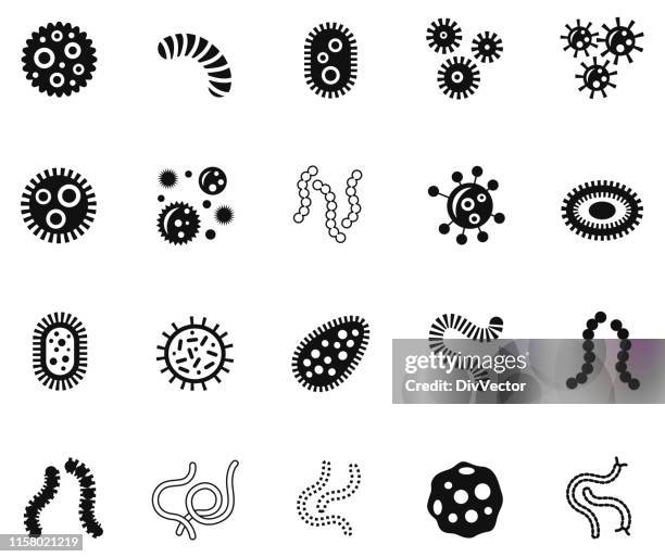 microbe-symbolsatz - bakterien stock-grafiken, -clipart, -cartoons und -symbole