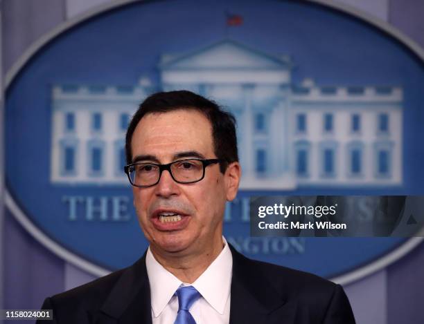 Treasury Secretary Steve Mnuchin briefs reporters on President Donald Trump's newly signed executive order imposing new sanctions on Iran, at the...