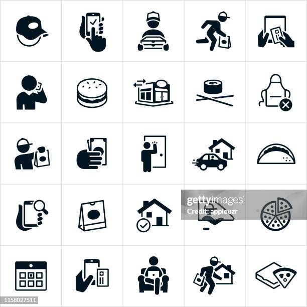 restaurant delivery icons - nahrungsmittelindustrie stock-grafiken, -clipart, -cartoons und -symbole
