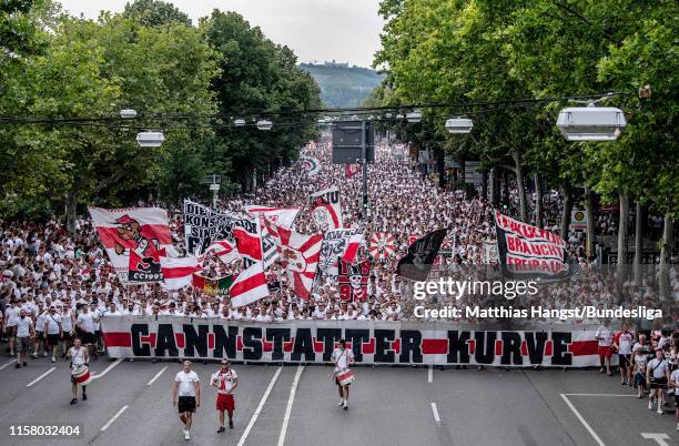 Fans and supporters of VfB Stuttgart seen during a fan-walk prior to the Second Bundesliga match between VfB Stuttgart and Hannover 96 at...