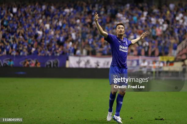 Kim Shin-Wook of Shanghai Shenhua Greenland celebrates after scoring his team's second goal during 2019 China Super League between Shanghai Shenhua...