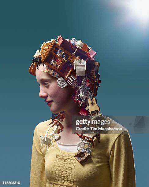 girl with hair made from dolls furniture - obsessive woman stock pictures, royalty-free photos & images