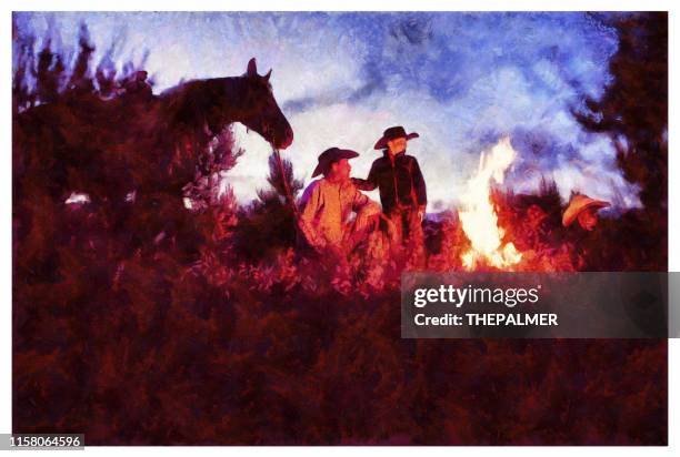 cowboy campfire at twilight - digital photo manipulation - campfire art stock illustrations