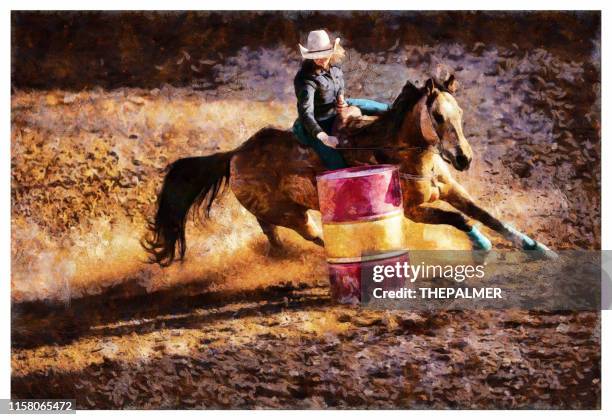 young cowgirl barrel racing rodeo - digital photo manipulation - barrel race stock illustrations