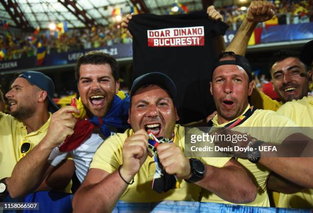 Romania fans celebrate after they qualified for the UEFA U-21 semi-finals after drawing 0-0 with France during the 2019 UEFA U-21 Group C match...