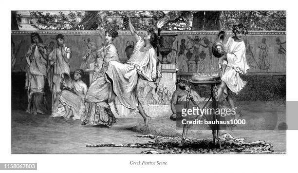 griechische festszene, englische viktorianische gravur, 1875 - tooga stock-grafiken, -clipart, -cartoons und -symbole