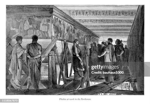 phidias at work in the parthenon, english victorian engraving, 1875 - athens view stock illustrations