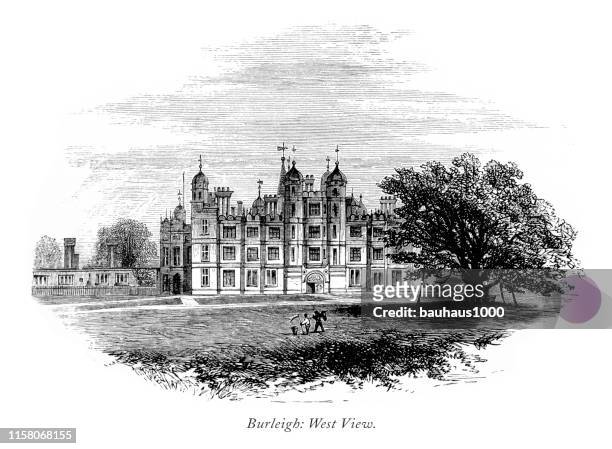 english victorian engraving, burleigh hall, west view, leicestershire, england, 1875 - victorian mansion stock illustrations