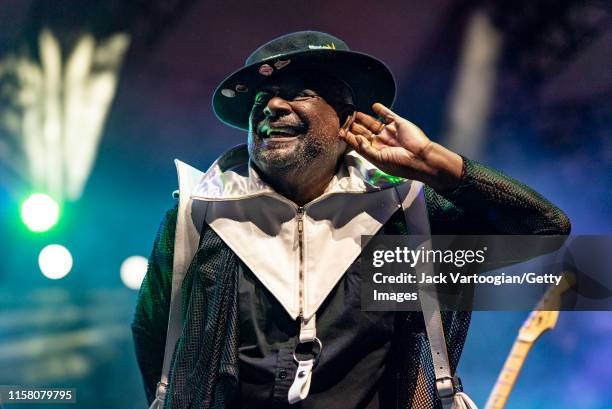 American Funk and Soul musician and bandleader George Clinton, of the group Parliament-Funkadelic, performs onstage at Central Park SummerStage, New...
