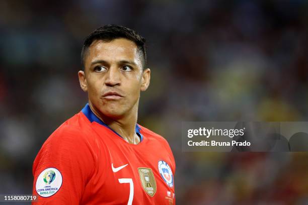 Alexis Sanchez of Chile gestures during the Copa America Brazil 2019 group C match between Chile and Uruguay at Maracana Stadium on June 24, 2019 in...