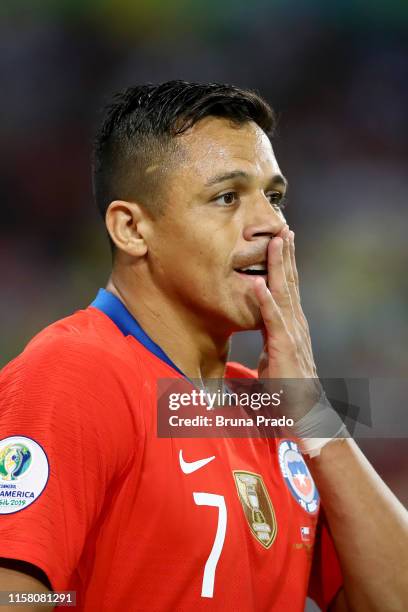 Alexis Sanchez of Chile reacts during the Copa America Brazil 2019 group C match between Chile and Uruguay at Maracana Stadium on June 24, 2019 in...