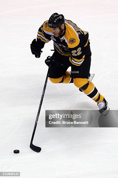 Shawn Thornton of the Boston Bruins skates against the Vancouver Canucks during Game Four of the 2011 NHL Stanley Cup Final at TD Garden on June 8,...