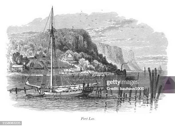 fort lee, new jersey, viktorianische gravur, 1875 - fort lee stock-grafiken, -clipart, -cartoons und -symbole