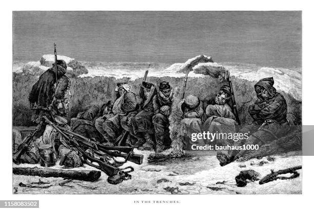 in the trenches, victorian engraving, 1875 - pinnacle stock illustrations