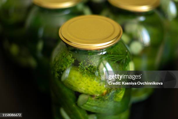 homemade canned cucumbers in big and small glass jars stand on kitchen table against gray wall background - cucumber stock-fotos und bilder