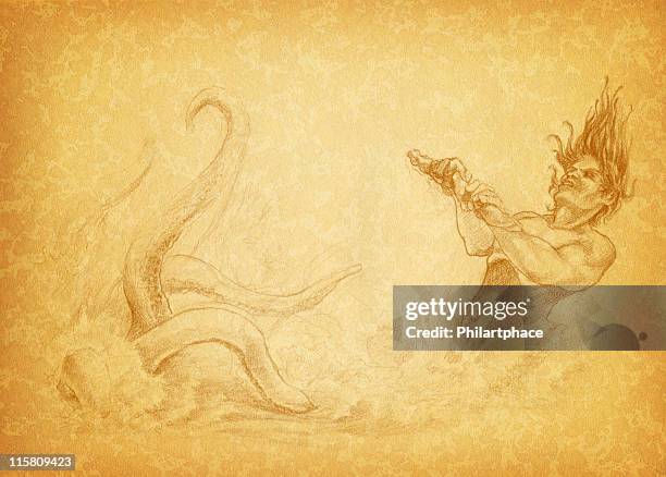 fantasy drawing on antique paper - giant octopus stock illustrations