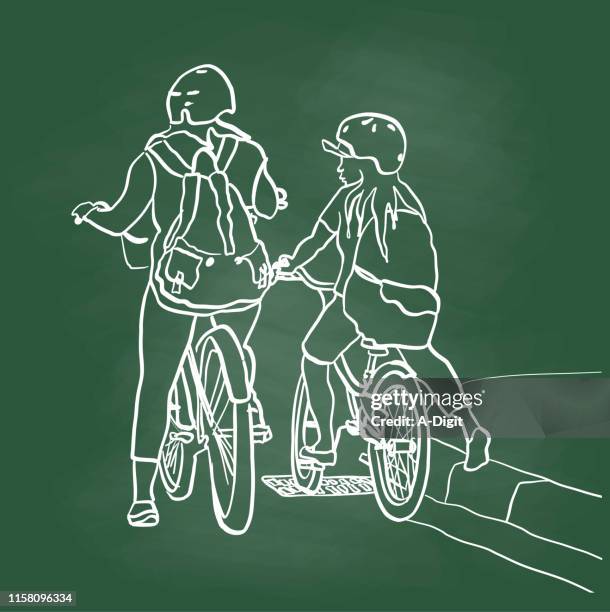 stockillustraties, clipart, cartoons en iconen met zusters fietsen samen schoolbord - family cycling