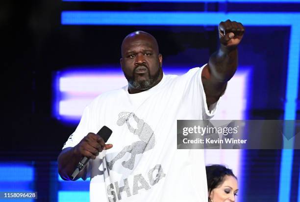 Shaquille O'Neal speaks onstage during the 2019 NBA Awards presented by Kia on TNT at Barker Hangar on June 24, 2019 in Santa Monica, California.