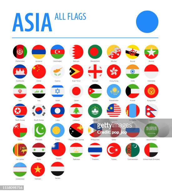 asia all flags - vector round flat icons - asia stock illustrations