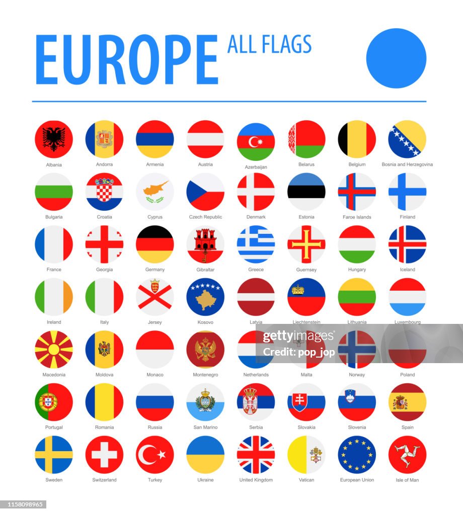 Europe All Flags - Vector Round Flat Icons