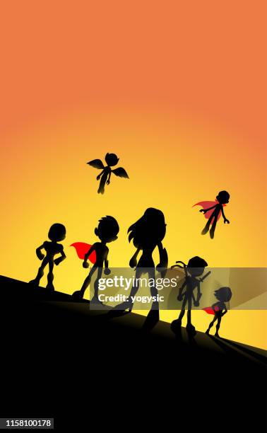 vector female-led kids superheroes team silhouette - ninja kid stock illustrations