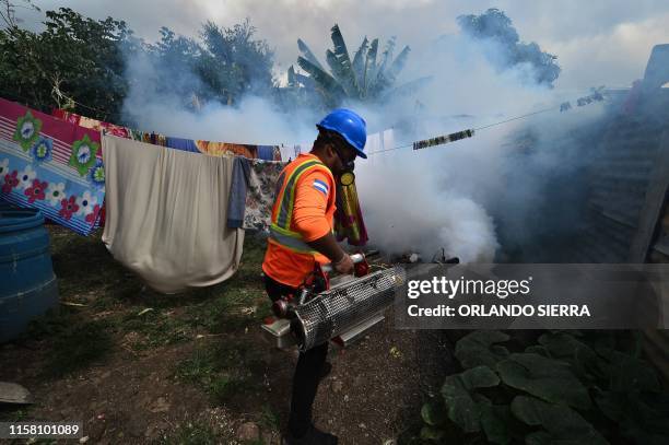 An employee of the Permanent Contingency Committee takes part in a fumigation operation to combat Aedes aegypti mosquitoes, vector of the dengue...