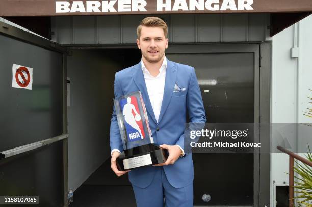 Luka Dončić, winner of the Kia NBA Rookie of the Year award, poses during the 2019 NBA Awards presented by Kia on TNT at Barker Hangar on June 24,...