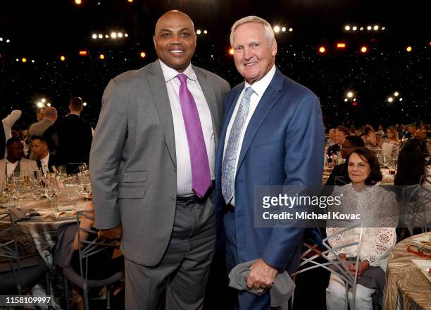 Charles Barkley and Jerry West pose during the 2019 NBA Awards presented by Kia on TNT at Barker Hangar on June 24, 2019 in Santa Monica, California.