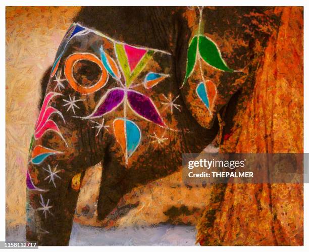 holi indian elephant in jaipur - digital photo manipulation - amber fort stock illustrations