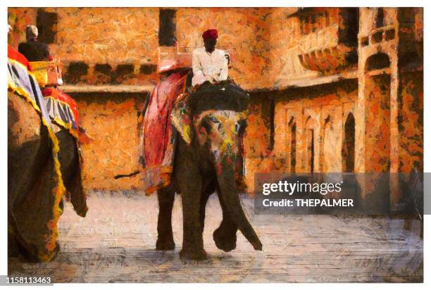 holi indian elephant in jaipur - digital photo manipulation - amber fort stock illustrations