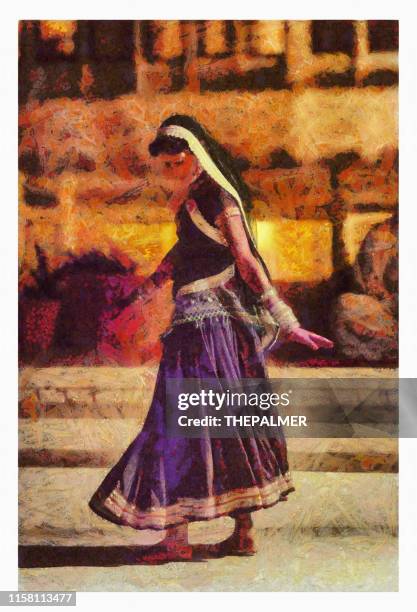 rajasthani traditional girl dancing - digital photo manipulation - jaipur stock illustrations