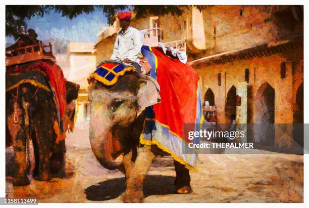 holi indian elephant in jaipur - digital photo manipulation - amber fort stock illustrations