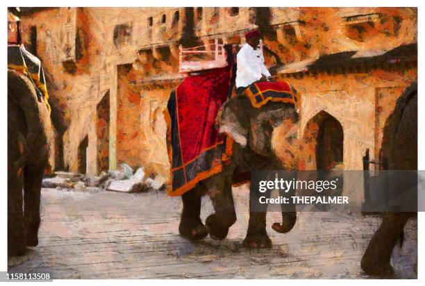 holi indian elephant in jaipur - digital photo manipulation - amber fort stock illustrations