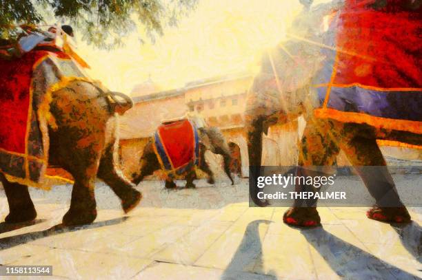 holi indian elephant in jaipur - digital photo manipulation - amber fort stock illustrations