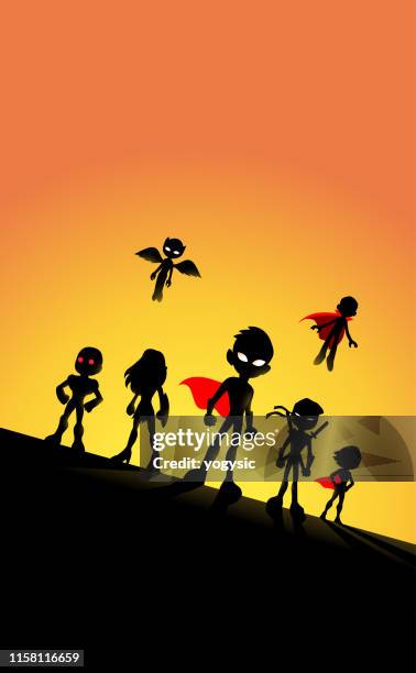 vector kinder superhelden team silhouette - children role playing crime stock-grafiken, -clipart, -cartoons und -symbole