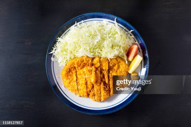 pork cutlet and cabbage served in a plate - tonkatsu stock pictures, royalty-free photos & images